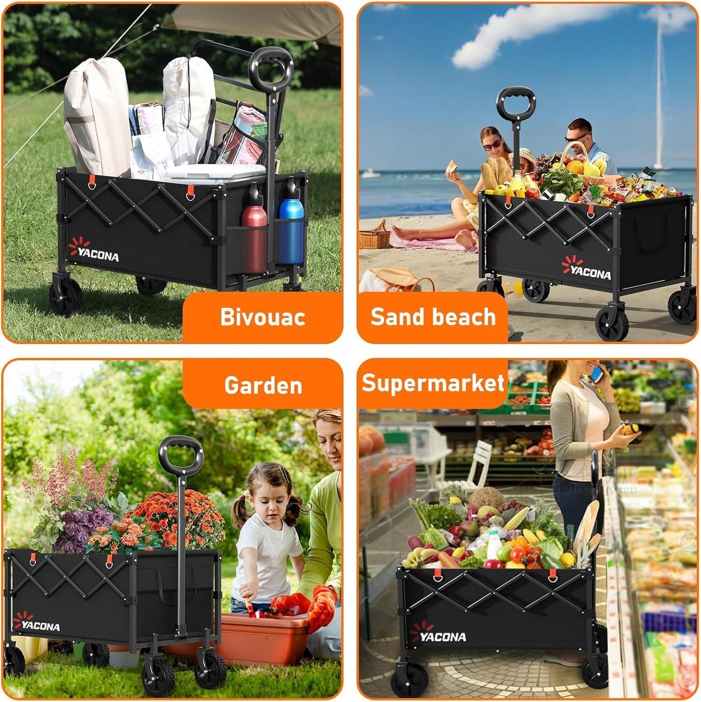 Faltbarer Bollerwagen mit verstärkten Rollen, Schwarz 100L