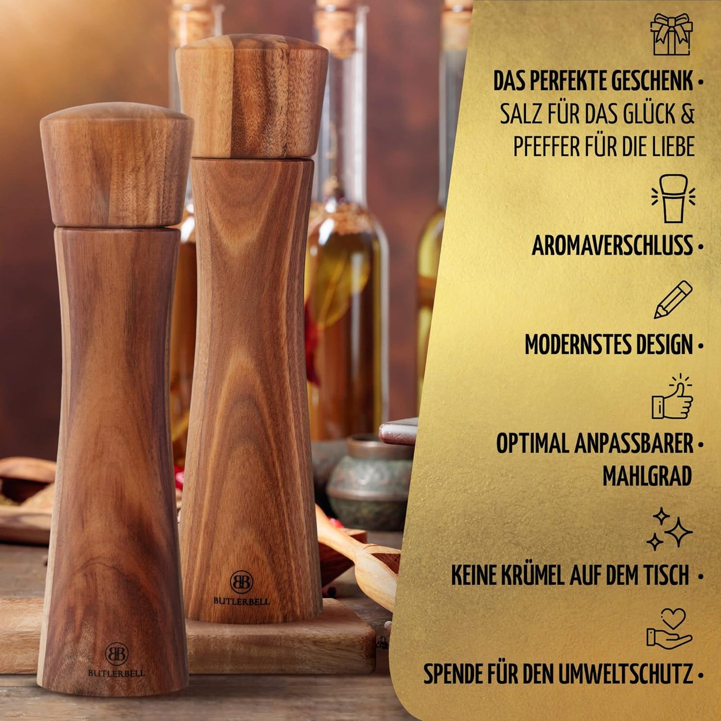 Salz und Pfeffermühle mit Untersetzer, Salz und Pfeffermühle - Deutsch