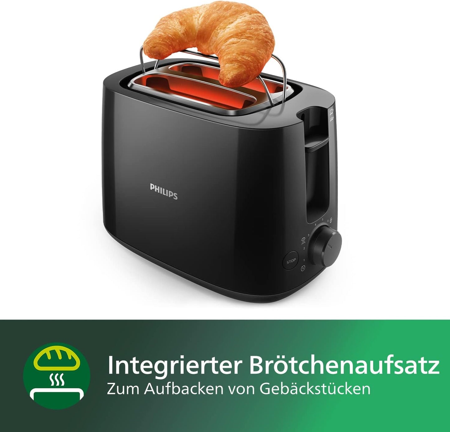 Toaster HD2581/90 mit 2 Schlitzen und Brötchenaufsatz, Toaster ; Schwarz