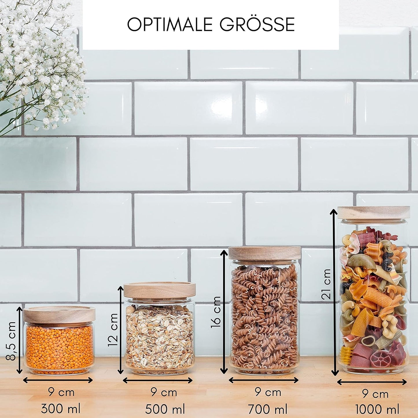 4-teiliges Vorratsgläser-Set, stapelbar, luftdicht, 4x gemischt