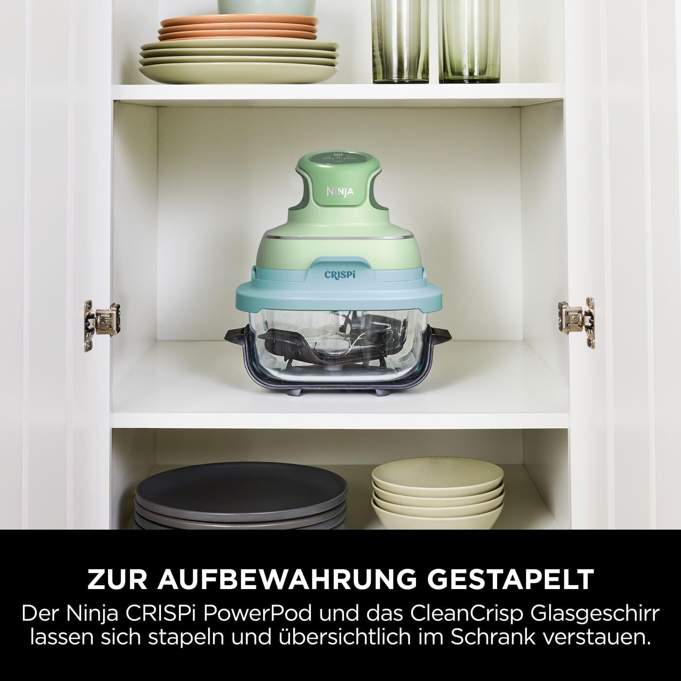 CRISPi Tragbare Heissluftfritteuse mit Glasbehältern, Pastellgrün