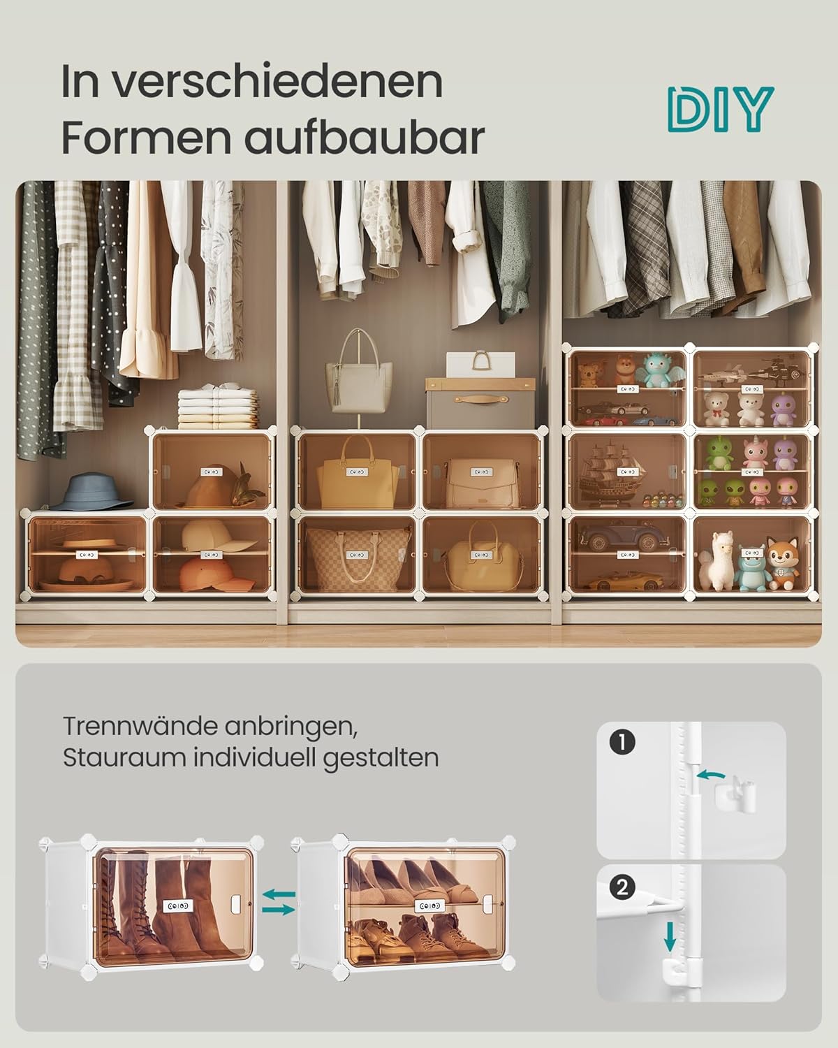 Schuhregal mit 8 Fächern, für 32 Paar Schuhe, Wolkenweiss + Transparentes Braun