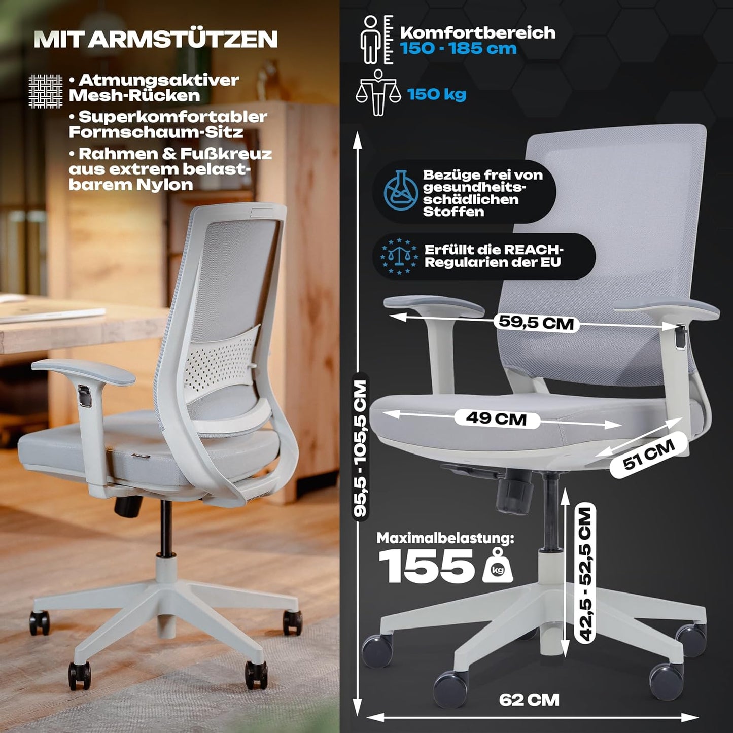 Bürostuhl Valkenstol M2, M2 Armstütze (Grau)