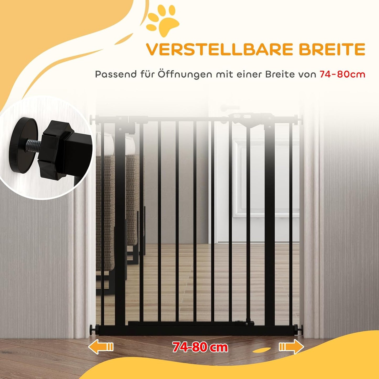 Türschutzgitter für Hunde, ohne Bohren, 74-80L x 2B x 77H cm Schwarz