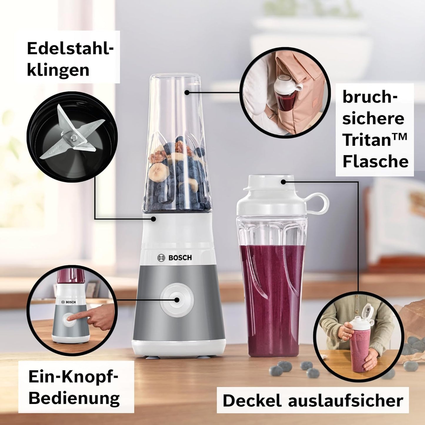 Mini-Standmixer mit ToGo-Flasche, Silber / Weiss ; 450 W