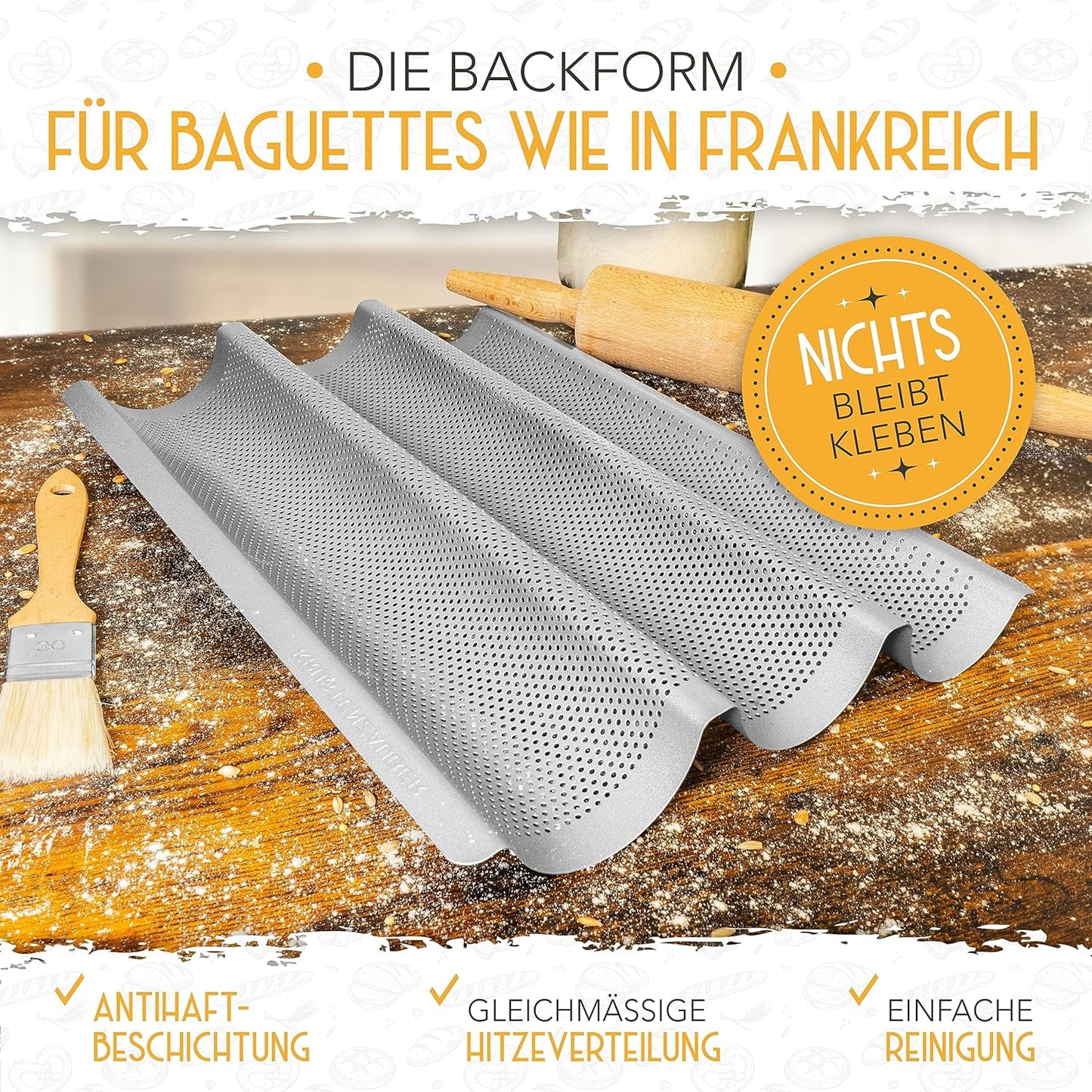 3er Baguette Backform mit Bäckerzubehör, Baguetteform - 3er Set