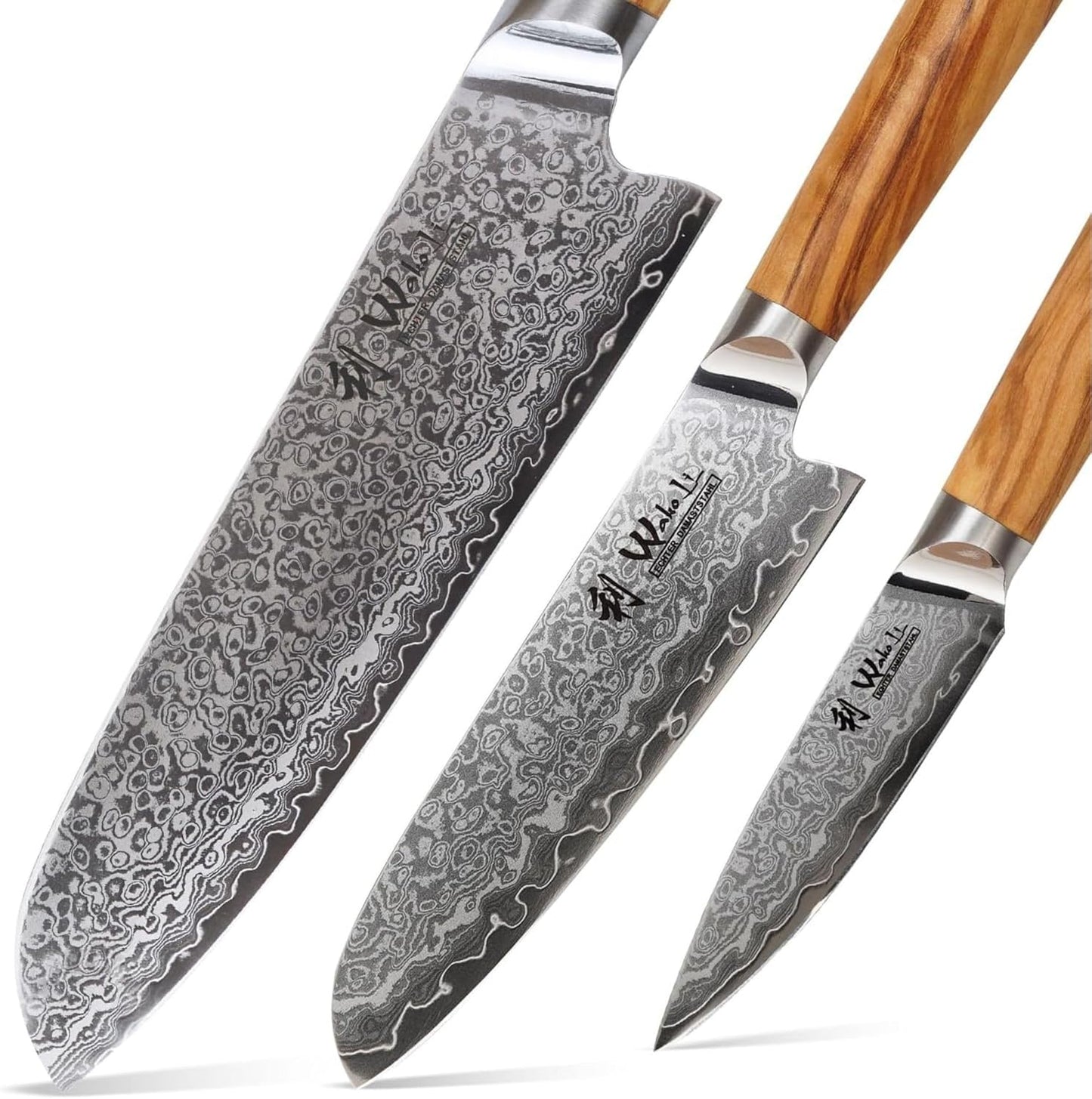 Oribu 3er Damastmesser-Set mit Olivenholzgriff, 3er Santoku Set