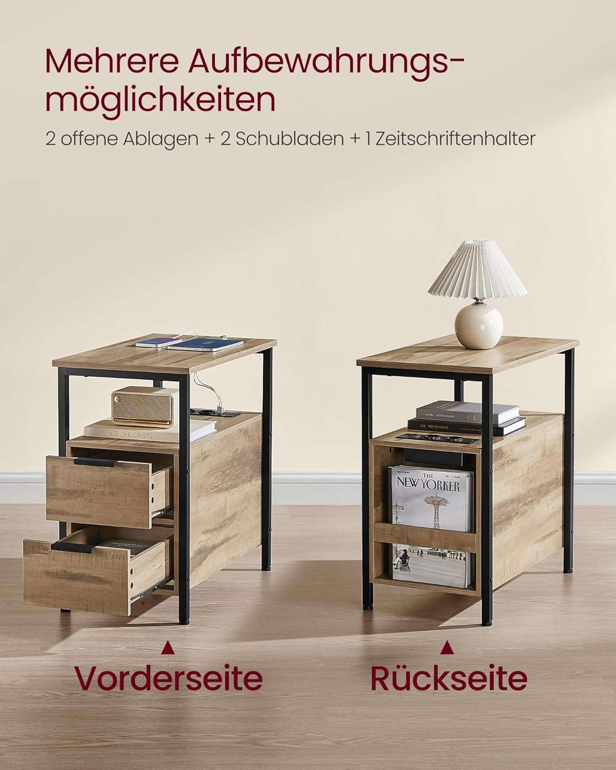 Beistelltisch LET325K01 mit Steckdosenleiste, 1 Kamelbraun + Tintenschwarz