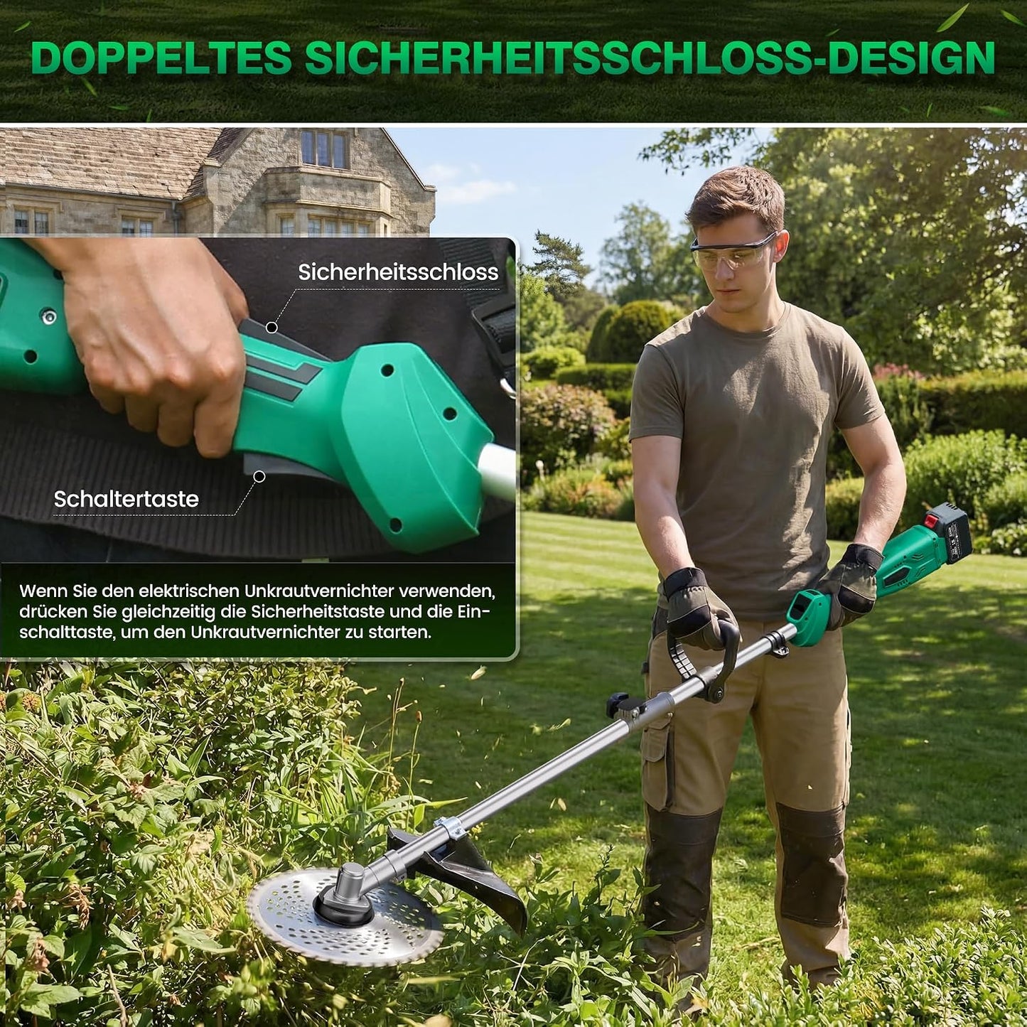 6-in-1 Akku-Rasentrimmer mit Unkrautbürste