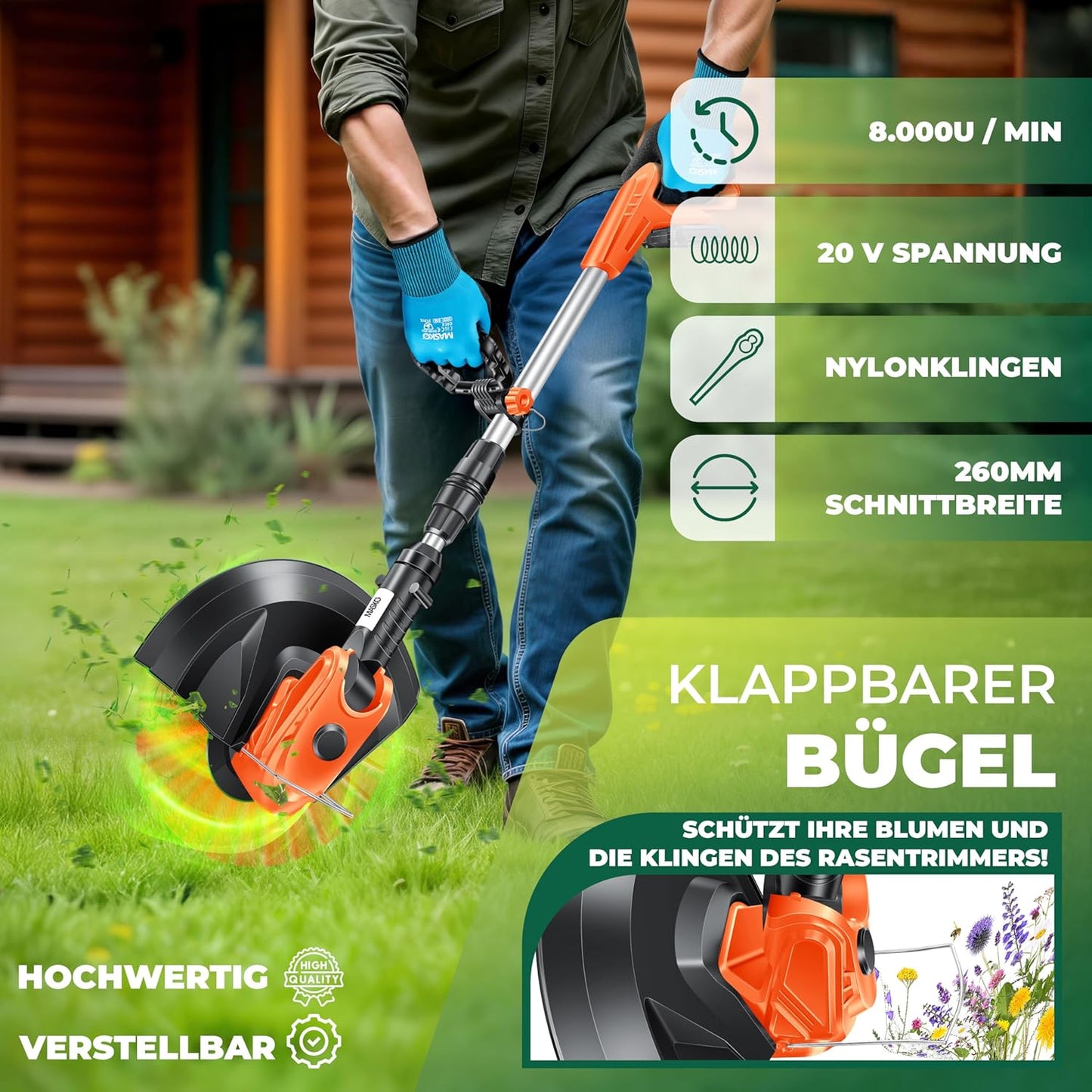Akku-Rasentrimmer mit Teleskopstiel & 20 Nylonklingen, Orange