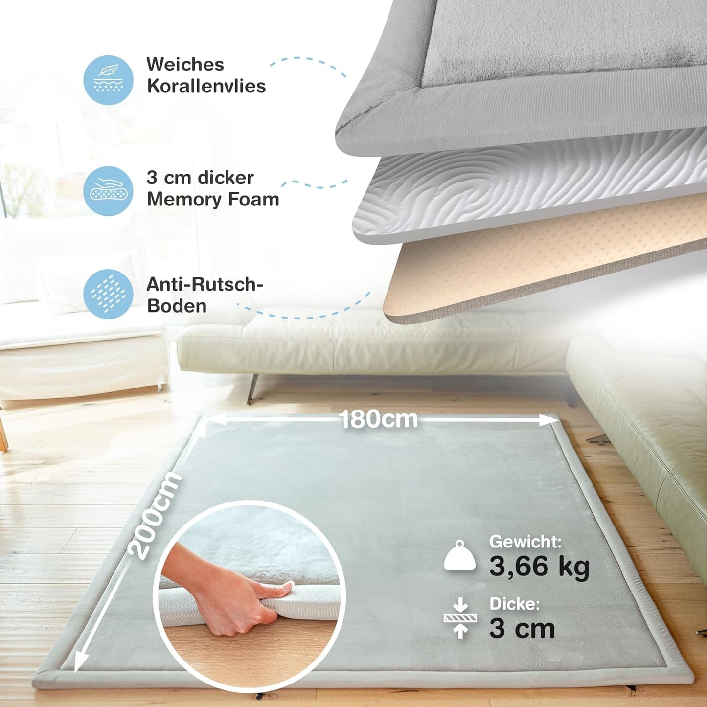 Spielmatte für Babys - 3cm dick, rutschfest, warm, Grau 180 x 200 cm (Rechteckig)