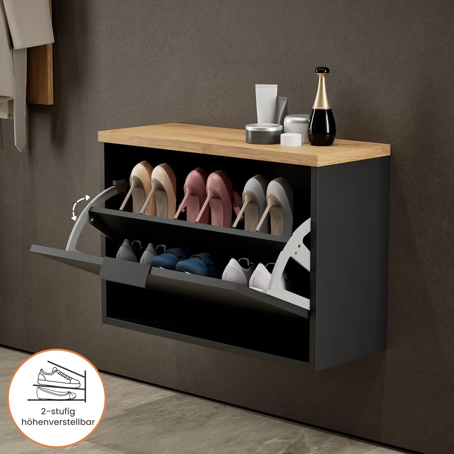 Kleiner Schuhschrank mit Ablage und Klappe, 1 Klappe Schwarz