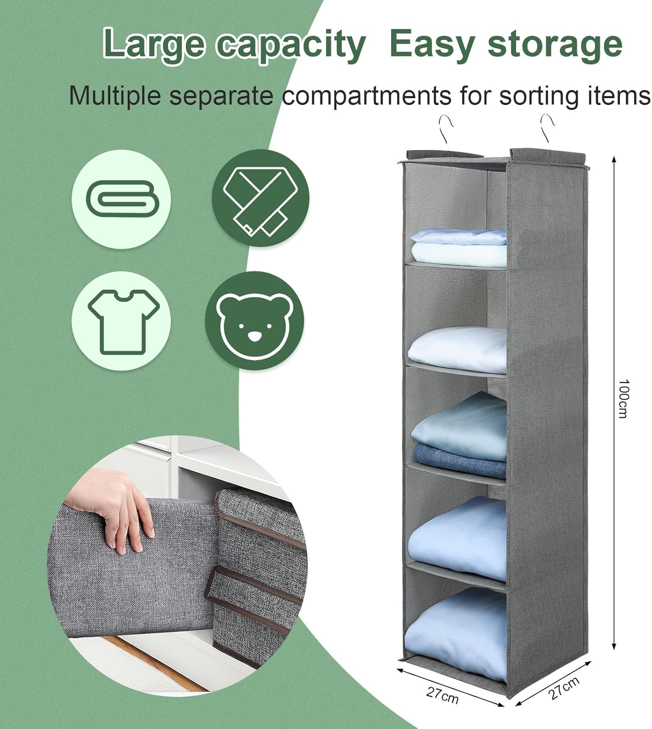 Hängeregal Kleiderschrank-Organizer (5 Fächer), Gray-häkchen-5 Large