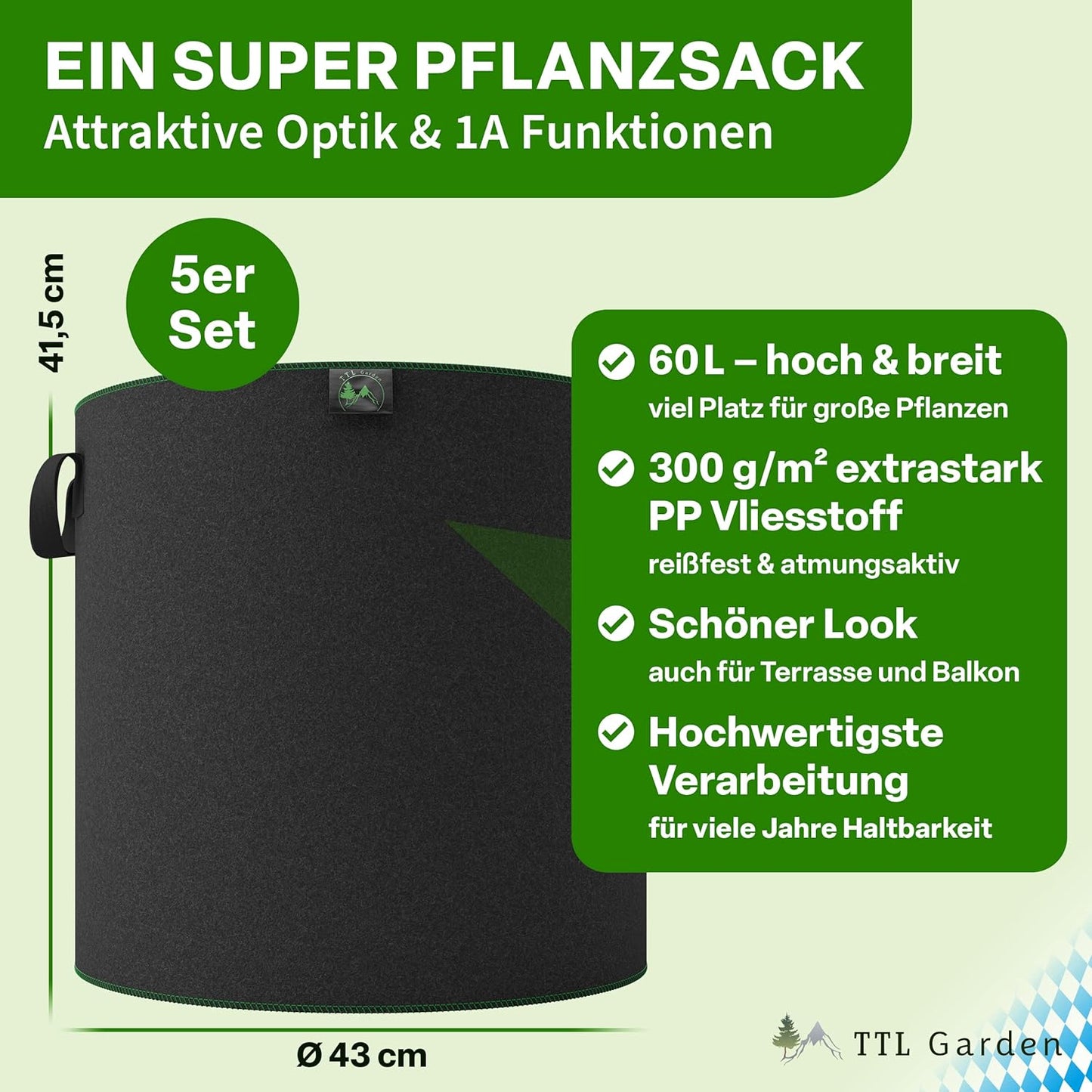 5er-Set Pflanzsäcke, 60 Liter Allrounder 5