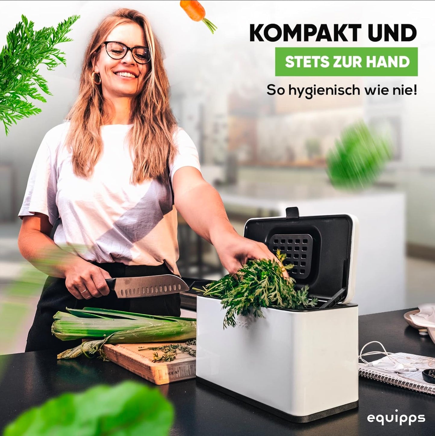 Komposteimer mit Geruchsfilter, Weiß matt 3l