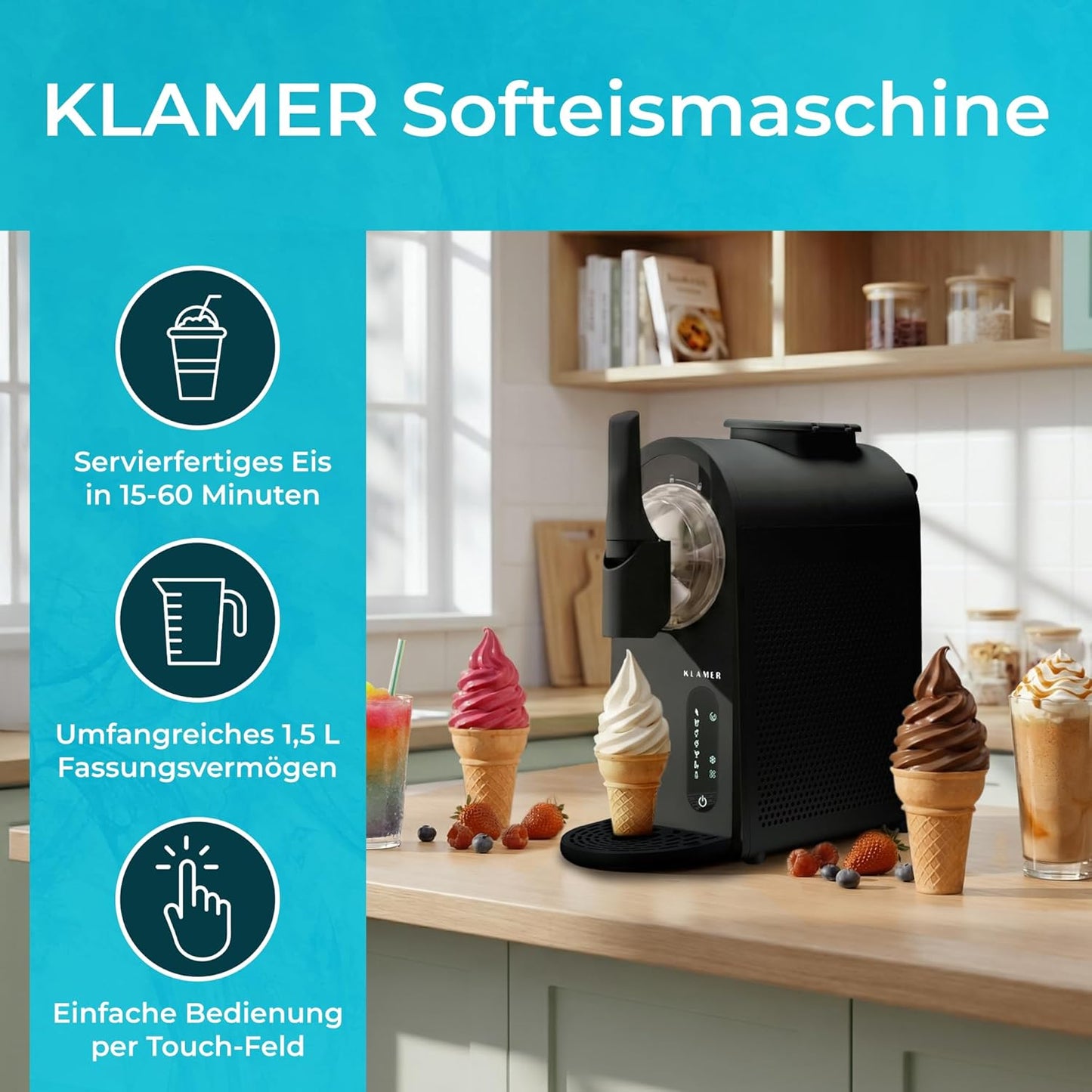 Softeismaschine mit 7 Programmen und Rezeptbuch, 1,5L Schwarz 7in1
