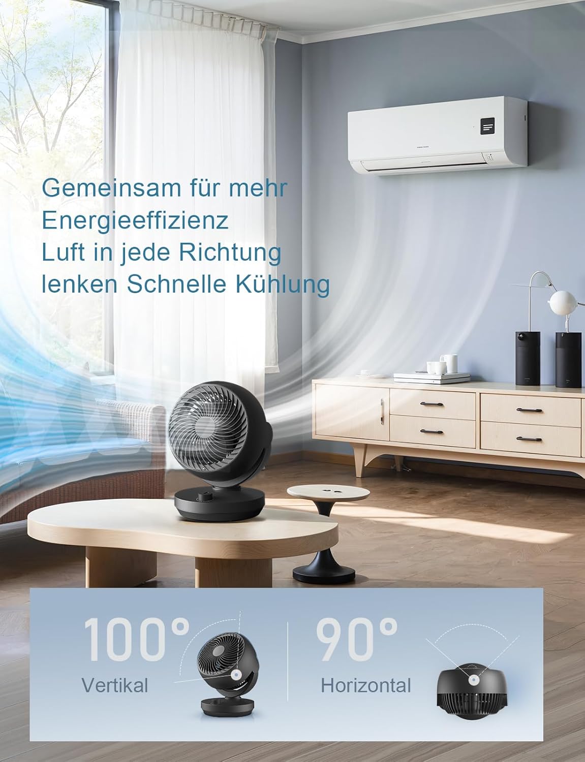 Leiser Tischventilator mit 3D Luftzirkulation, Schwarz
