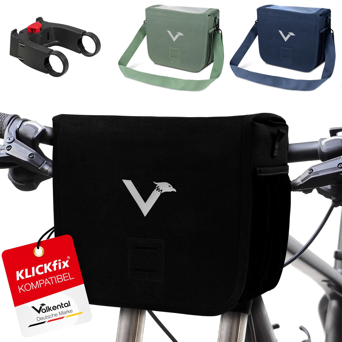 Wasserfeste Lenkertasche mit Handyfach, Schwarz Adapter
