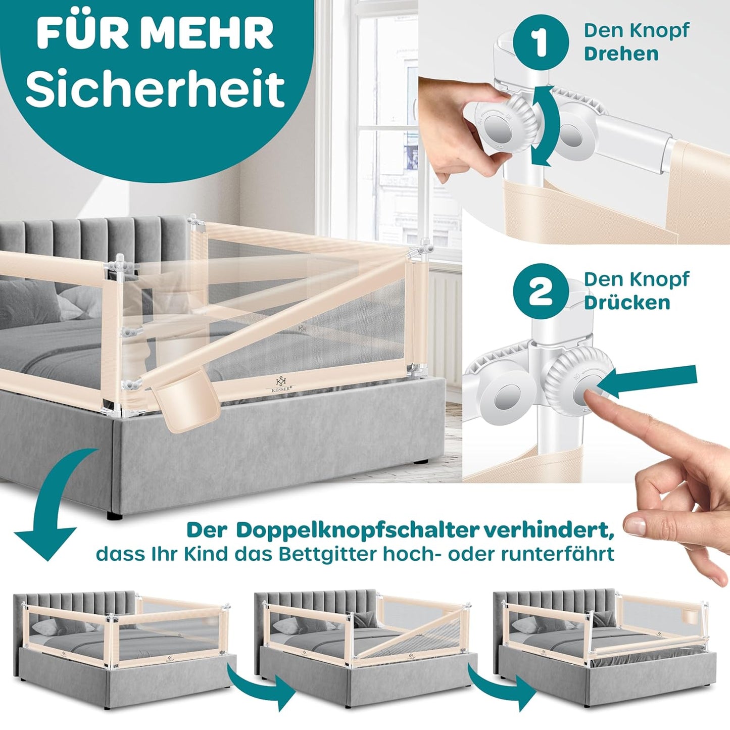 Klappbares Bettschutzgitter mit Tasche, 180cm Beige