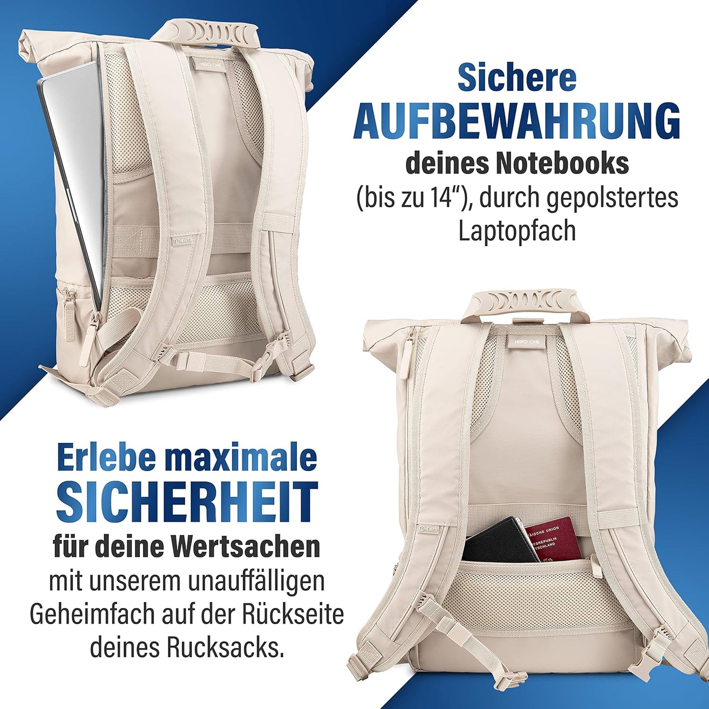 Rolltop Rucksack mit Laptopfach, Sand