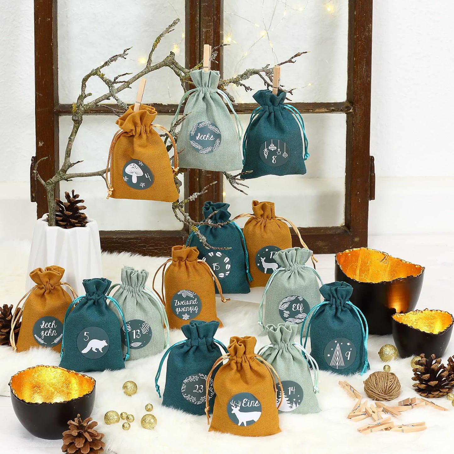 Adventskalender Stoffsäckchen zum Befüllen, Petrol