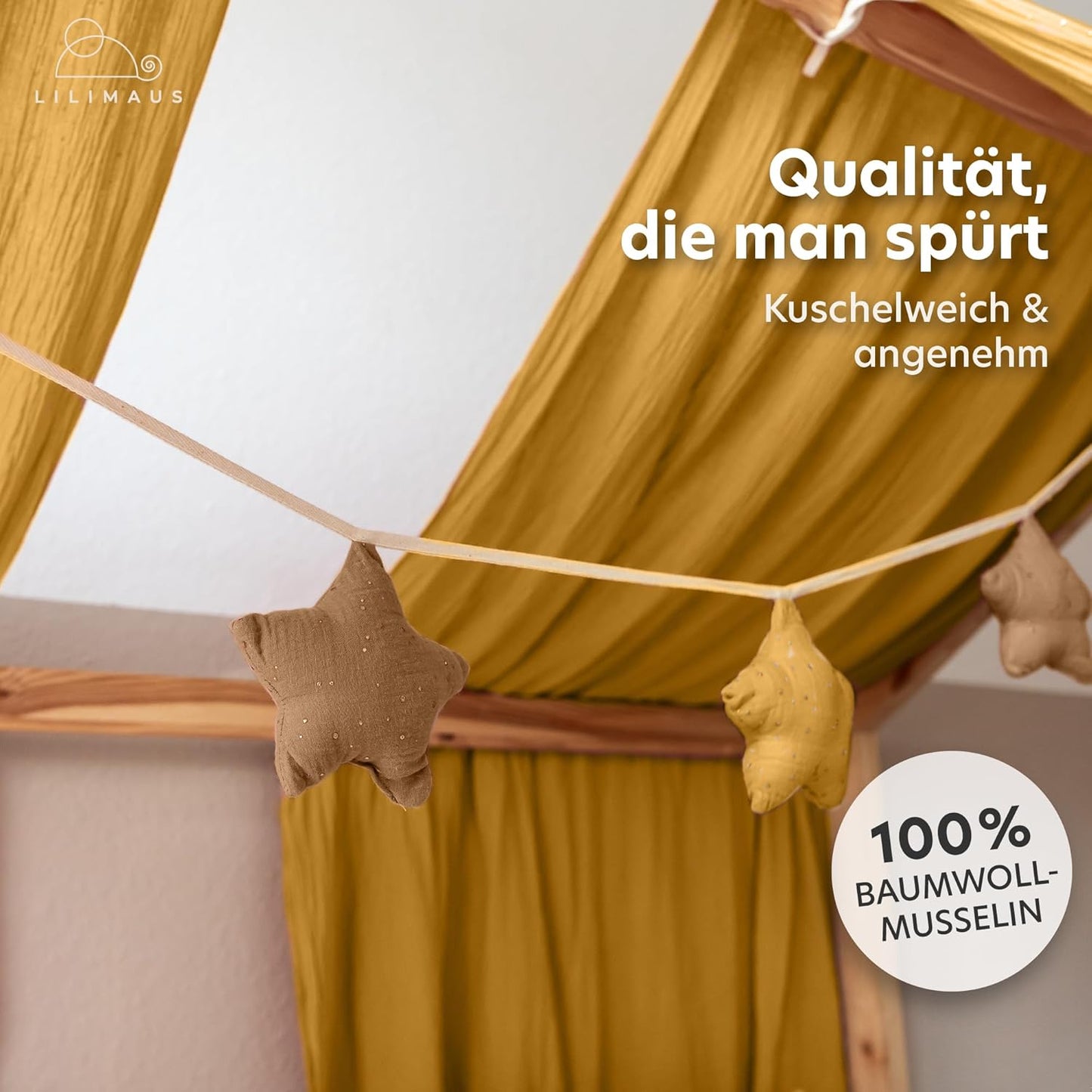 Sternenkette mit Goldapplikation, Senfgelb & Nougat Sterne mit Goldapplikation