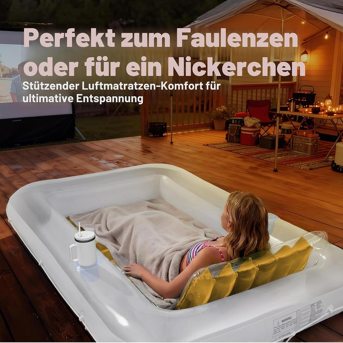 Aufblasbarer Sonnenpool mit abnehmbarem Kissen und Getränkehalter, Gold-Weiss L