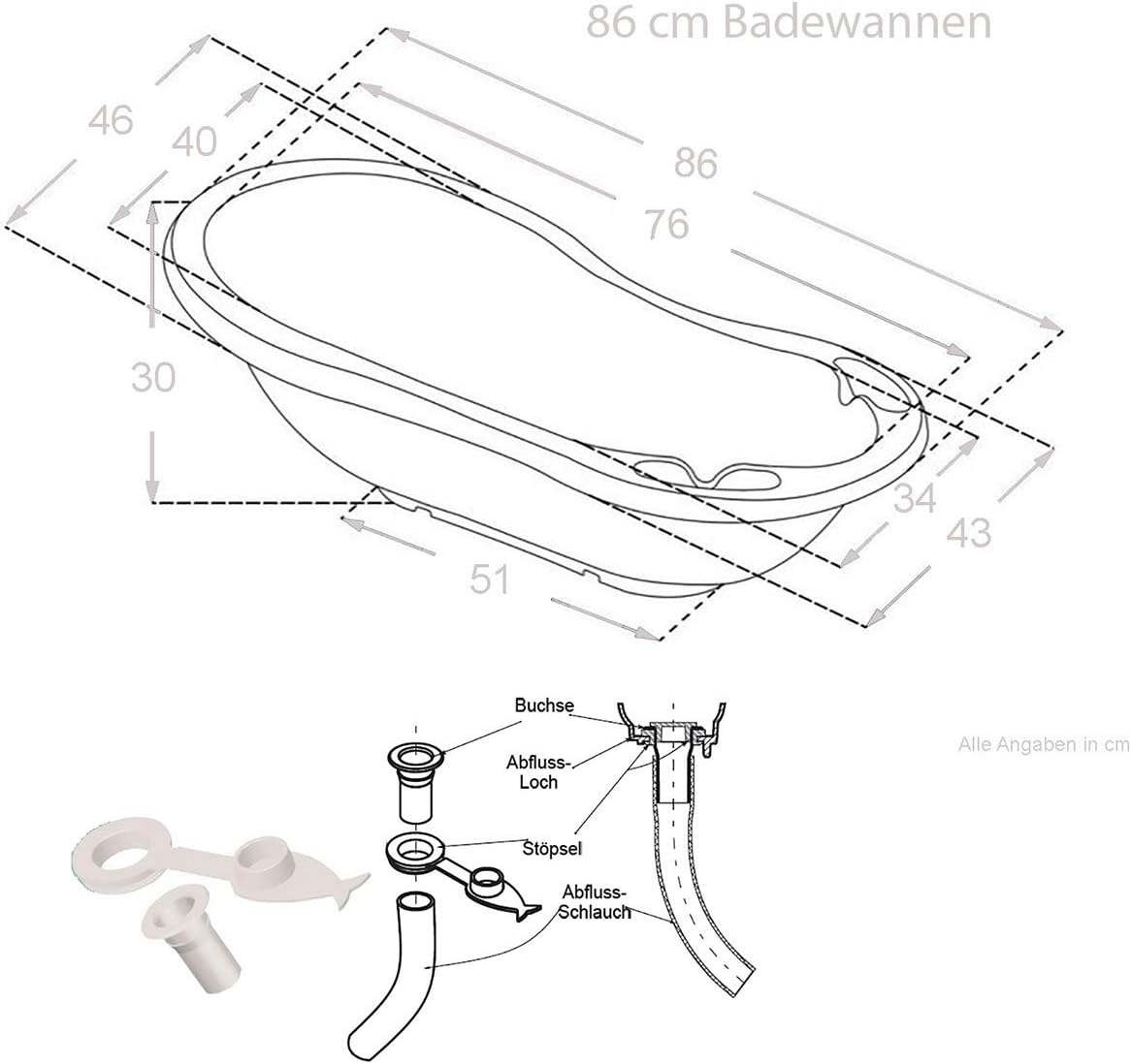Babybadewanne mit Stöpsel (0-18 Monate), 1 - Set Bärchen - weiß