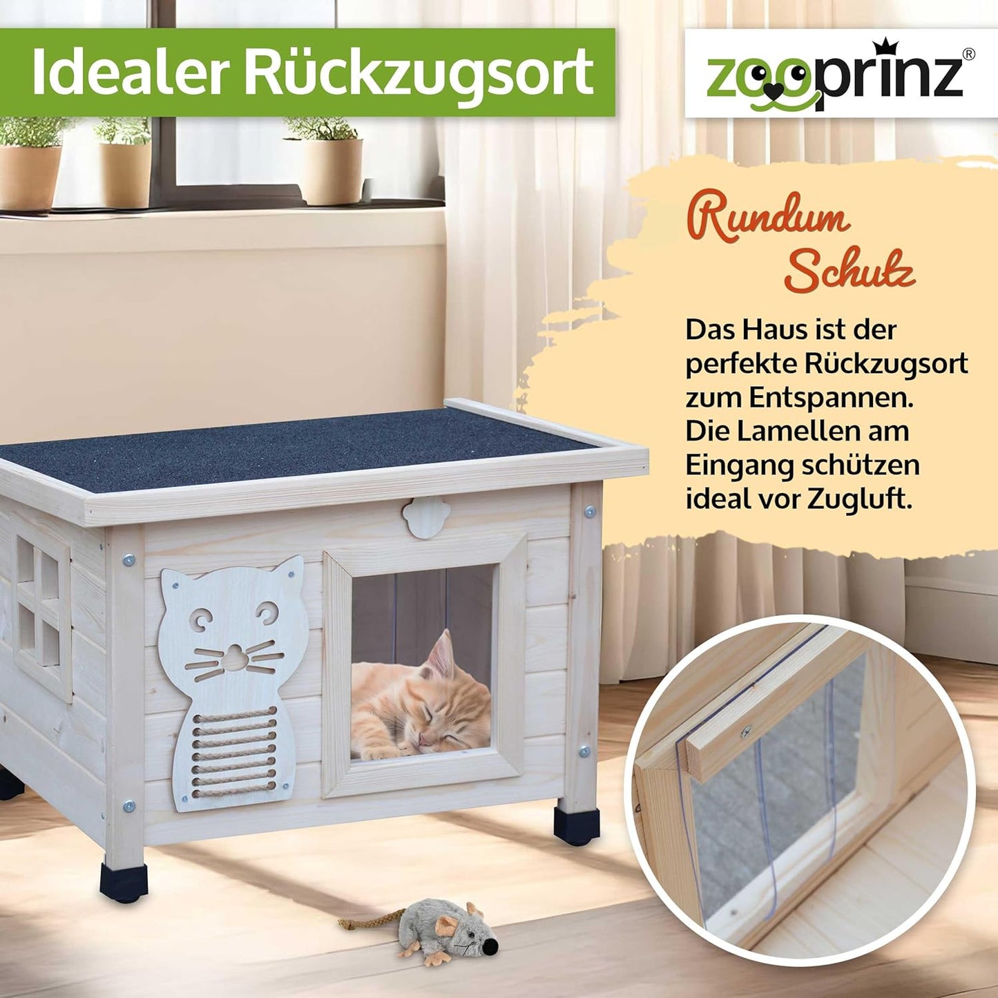 Premium Katzenhaus aus Holz mit Schwingtür, Natur Standard