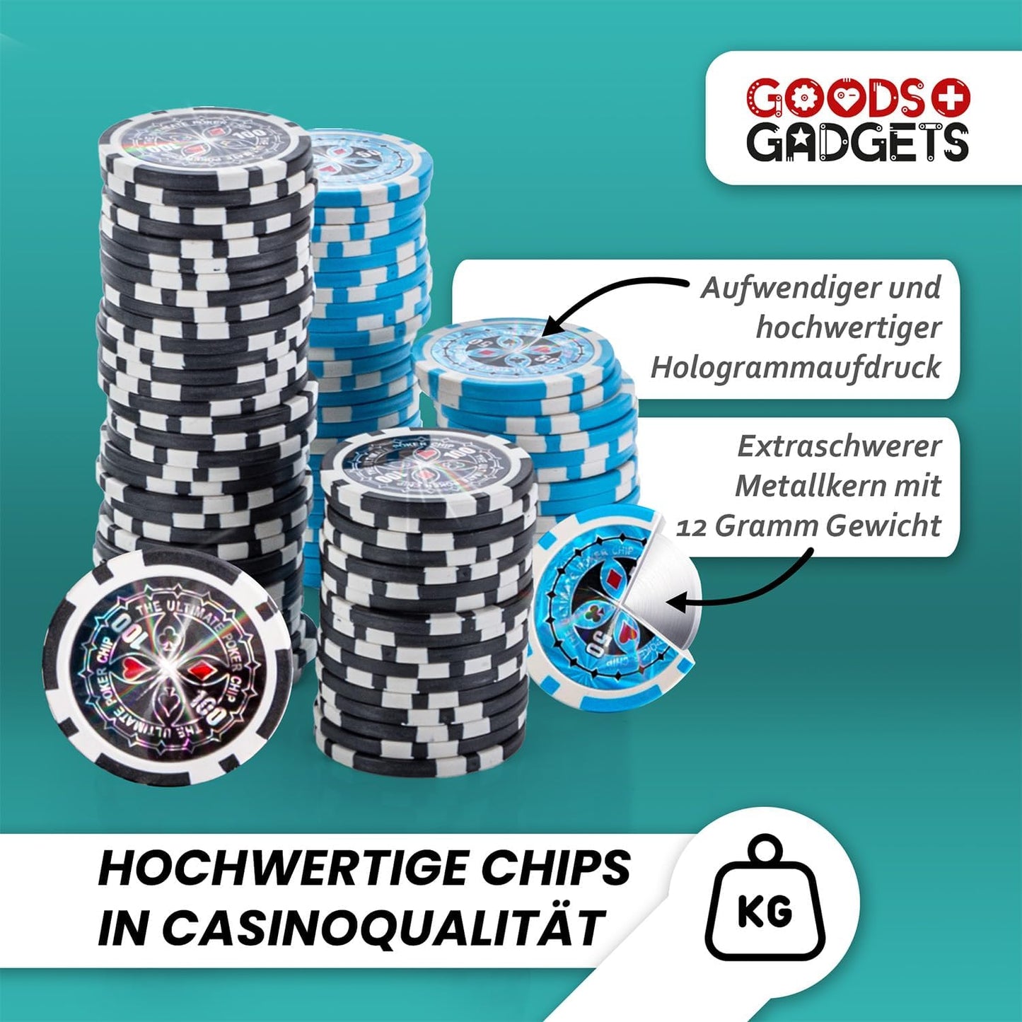 Pokerkoffer Set mit 500 Chips, Schwarz 500 Chips