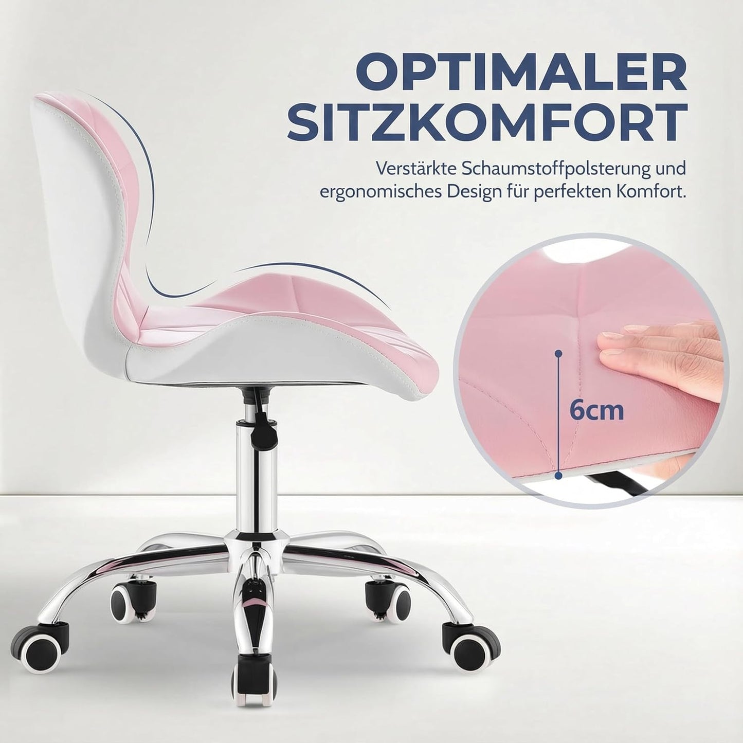 Ergonomischer Drehstuhl ohne Armlehnen, Rosa + Weiss Kunstleder
