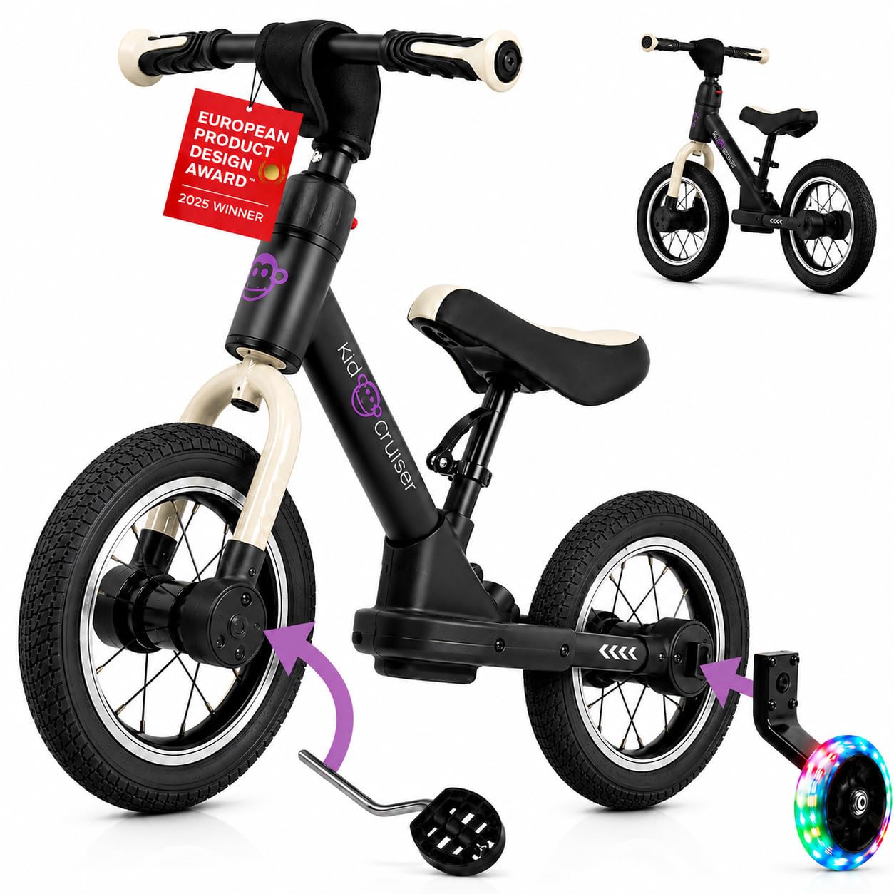 3in1 Laufrad mit LED-Rädern und Pedalen, Mattschwarz