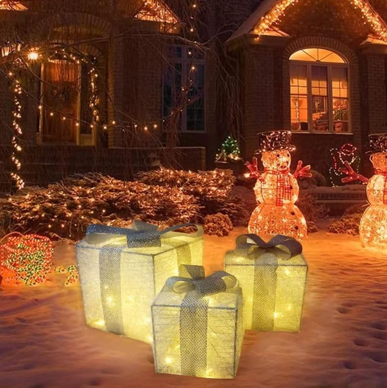 3er-Set LED Geschenkboxen mit Timer, Weiss-silber