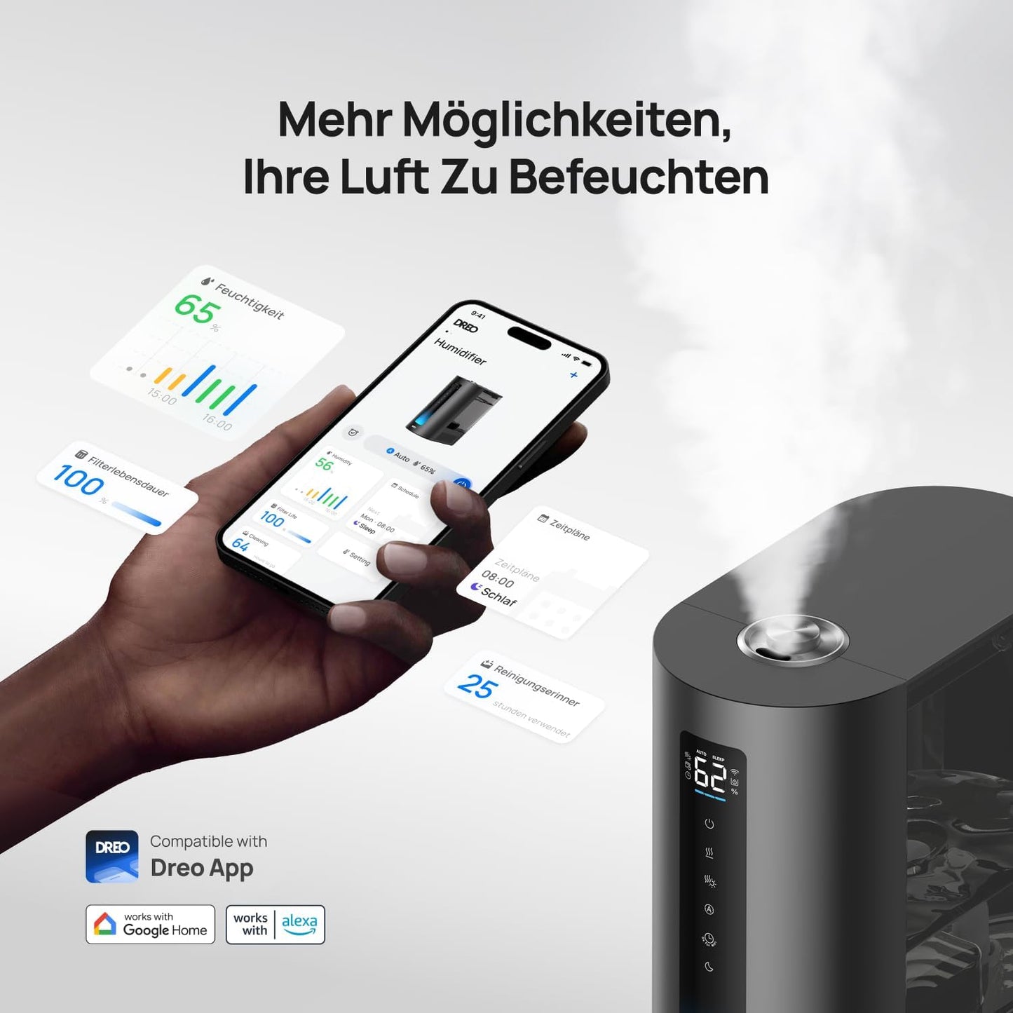Smart Luftbefeuchter mit Warm- und Kaltnebel, Schwarz
