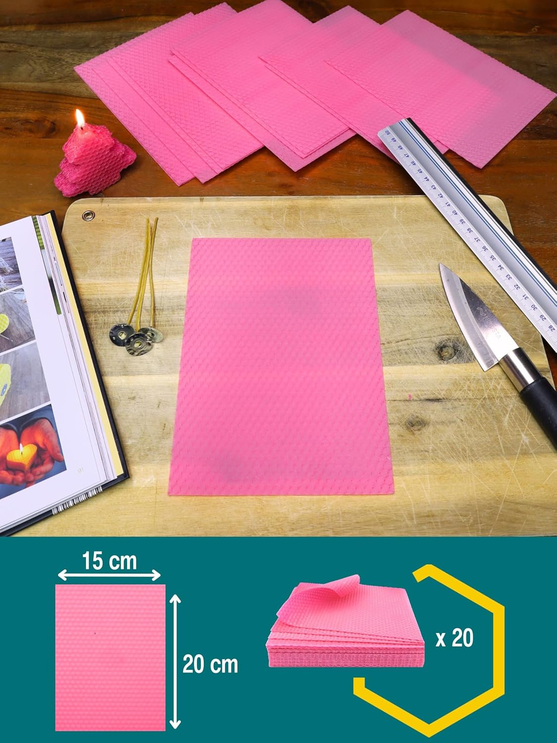 20er Set Bienenwachsplatten für Kerzenherstellung, Rosa | 20 x 15 cm