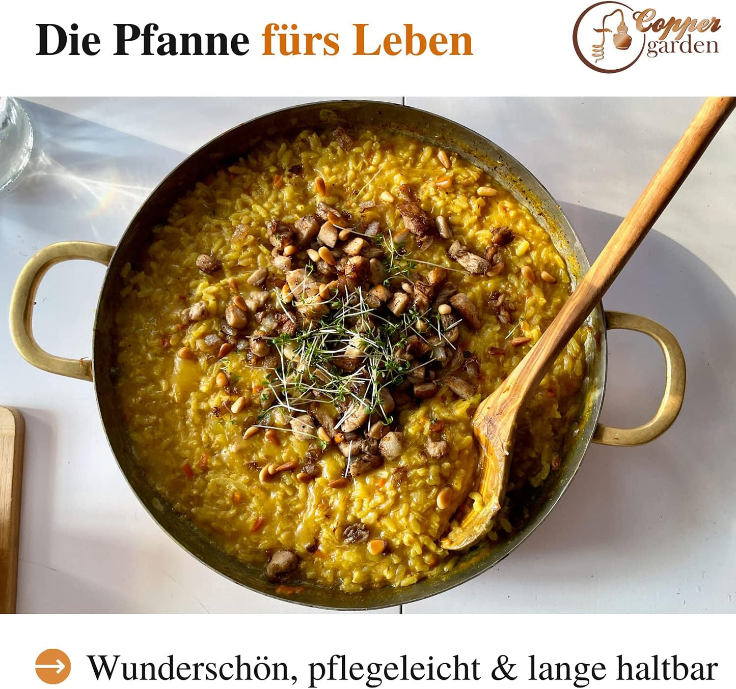 Kupferpfanne mit Zinnbeschichtung, 28 cm mit Griffen