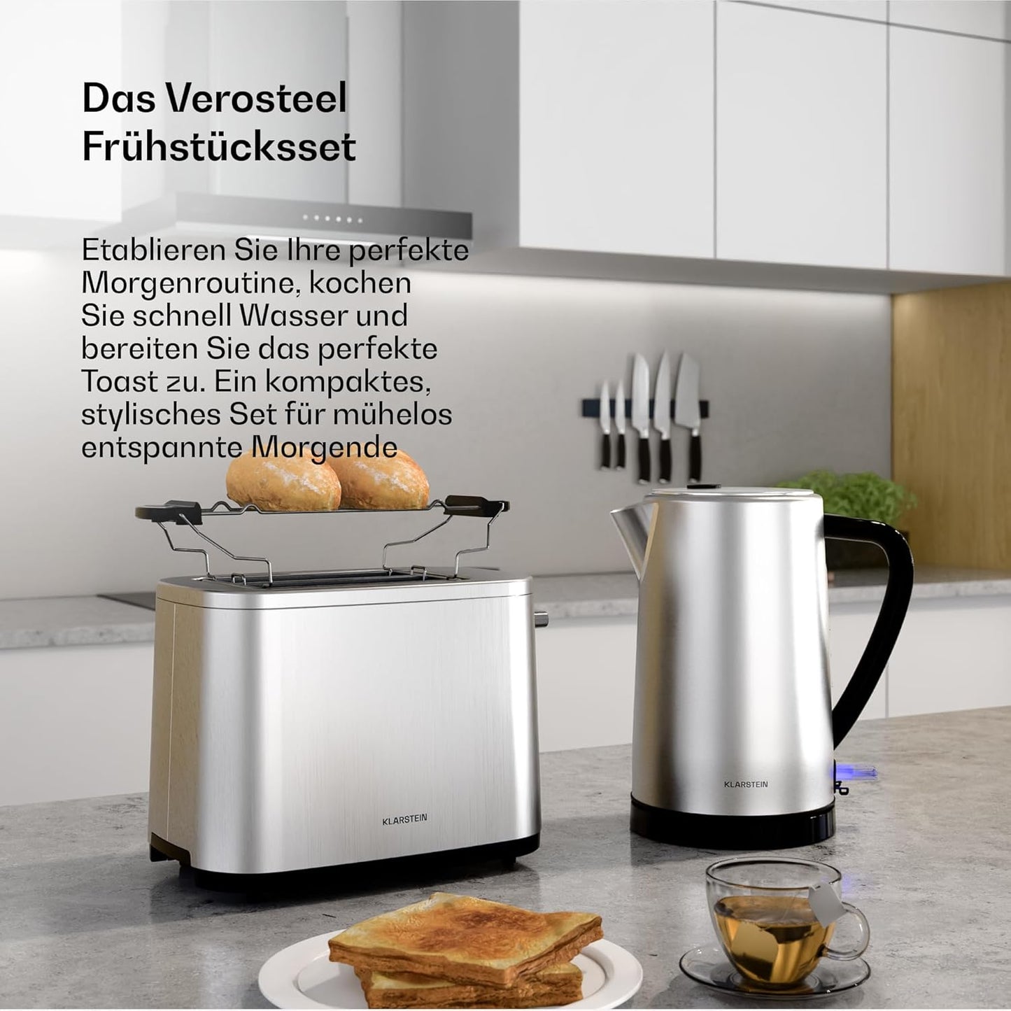 Frühstücksset mit Toaster und Wasserkocher, Edelstahl Toaster + Wasserkocher