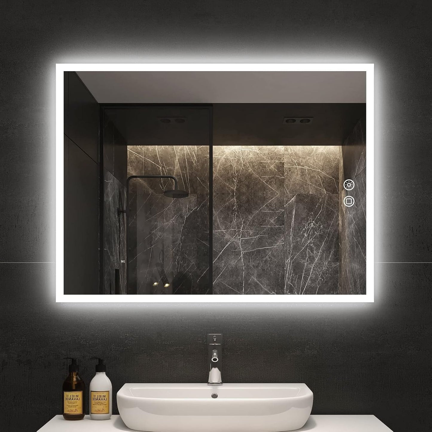 Badspiegel mit LED-Beleuchtung und Touchschalter, 80x60cm, 60x80CM Horizontal & Vertikal Ohne Wetterstation