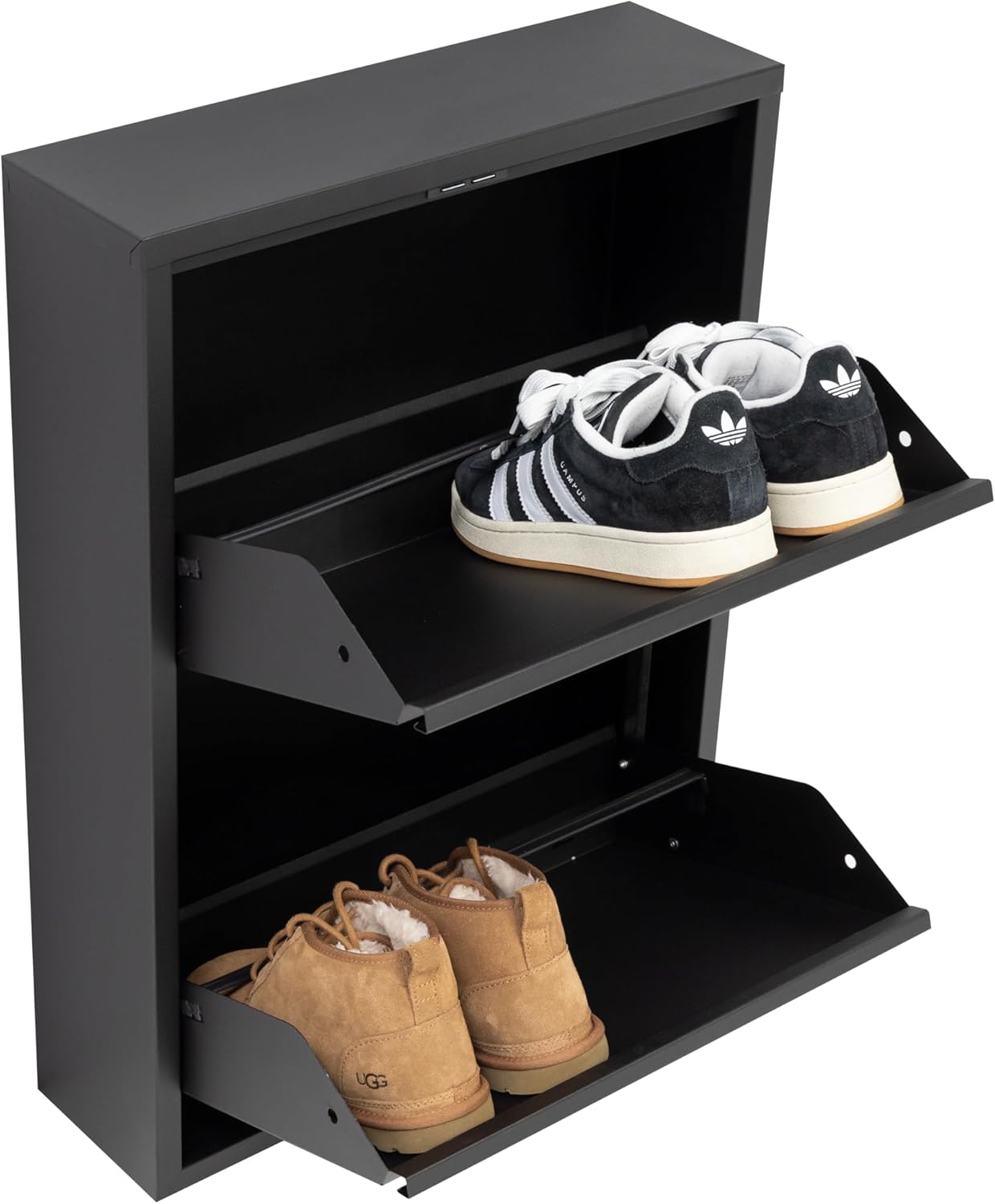 Schmaler Metall-Schuhschrank mit Magnetklappen, 2 Klappen Schwarz