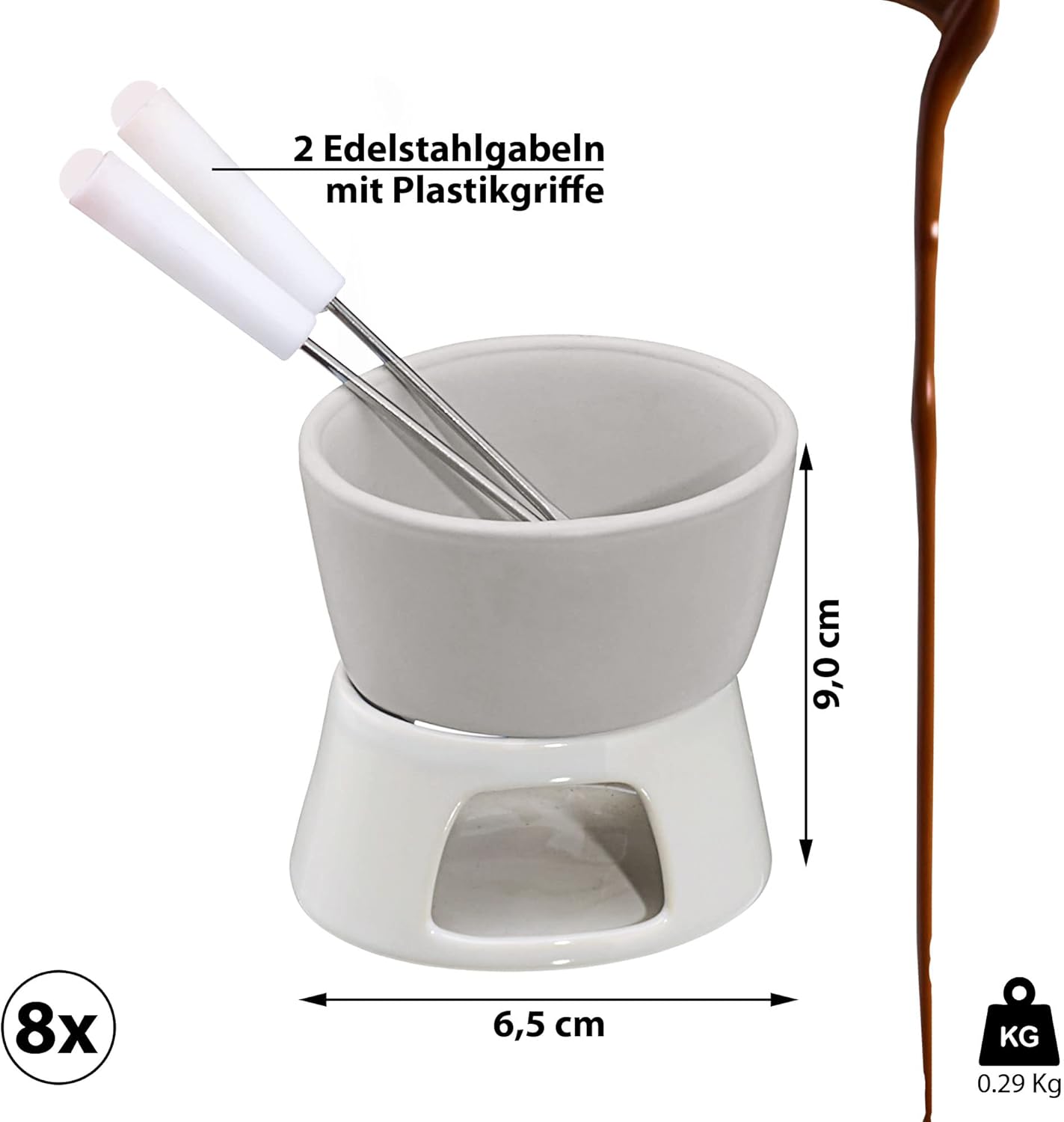 Keramik Schokofondue-Set mit Edelstahlgabeln (8 Sets), 8 X Schokofondue-set