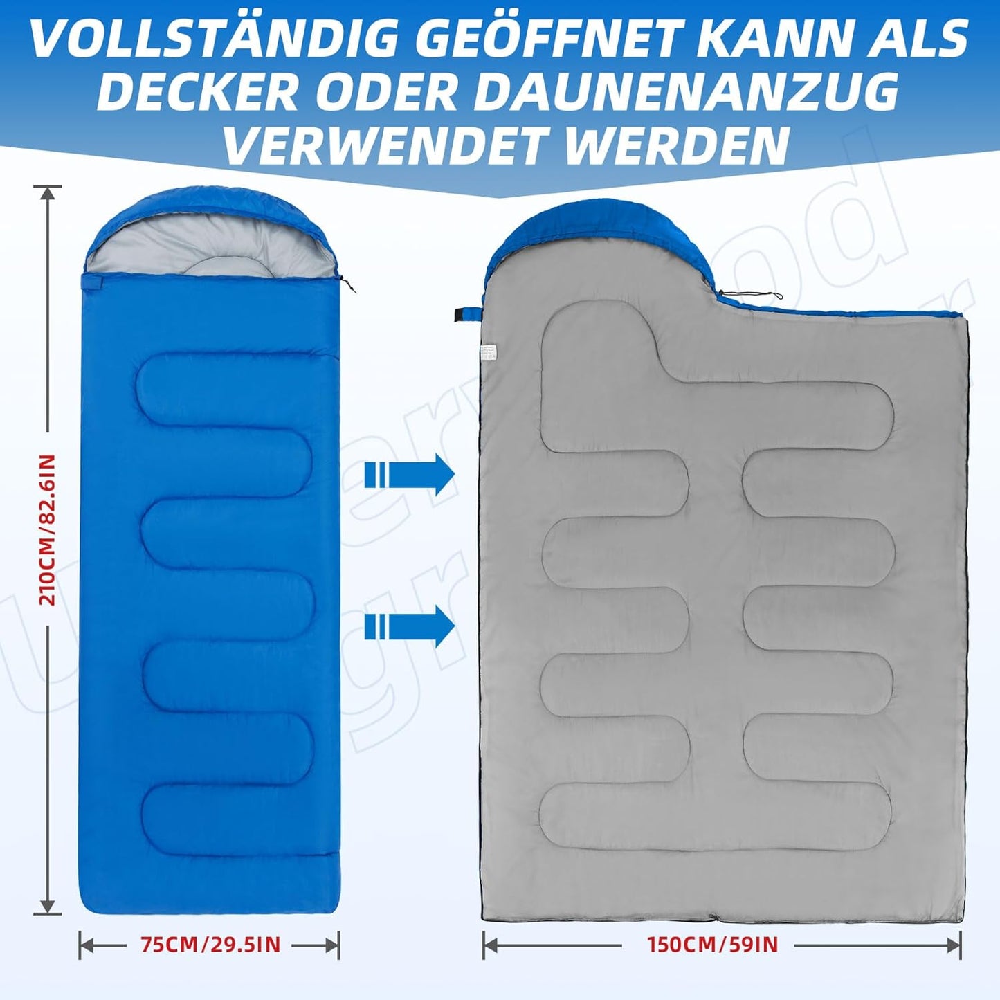 Ultraleichter 3-Saison Schlafsack für Camping, Himmelblau 0.95kg