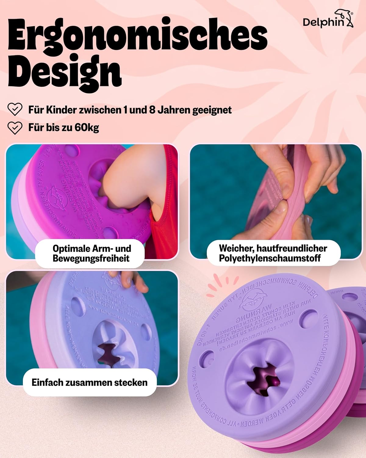 Verstellbare Schwimmscheiben mit Klickverschluss inkl. Sportbeutel, pink