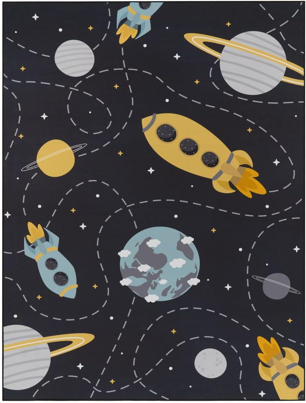 Kinderzimmerteppich Teppich Kinderteppich Rutschfest Planeten Sterne Raketen, 160 cm Round Grau Blau Gelb