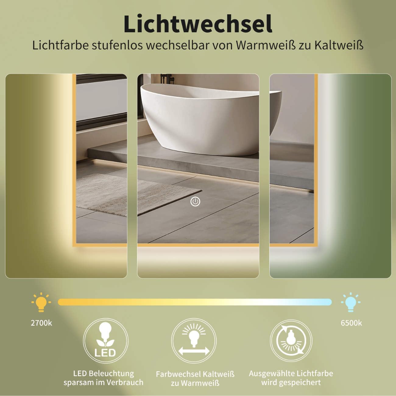 LED-Badspiegel mit Goldrahmen und Touch Schalter, Gold-arch 100L x 60B cm