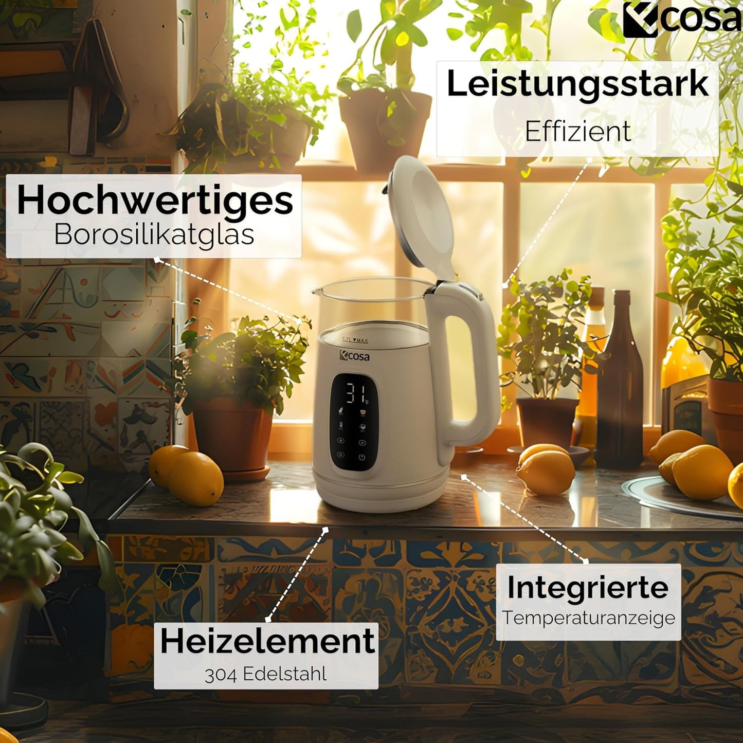 Wasserkocher mit Temperatureinstellung (1,7 Liter), Woldo White