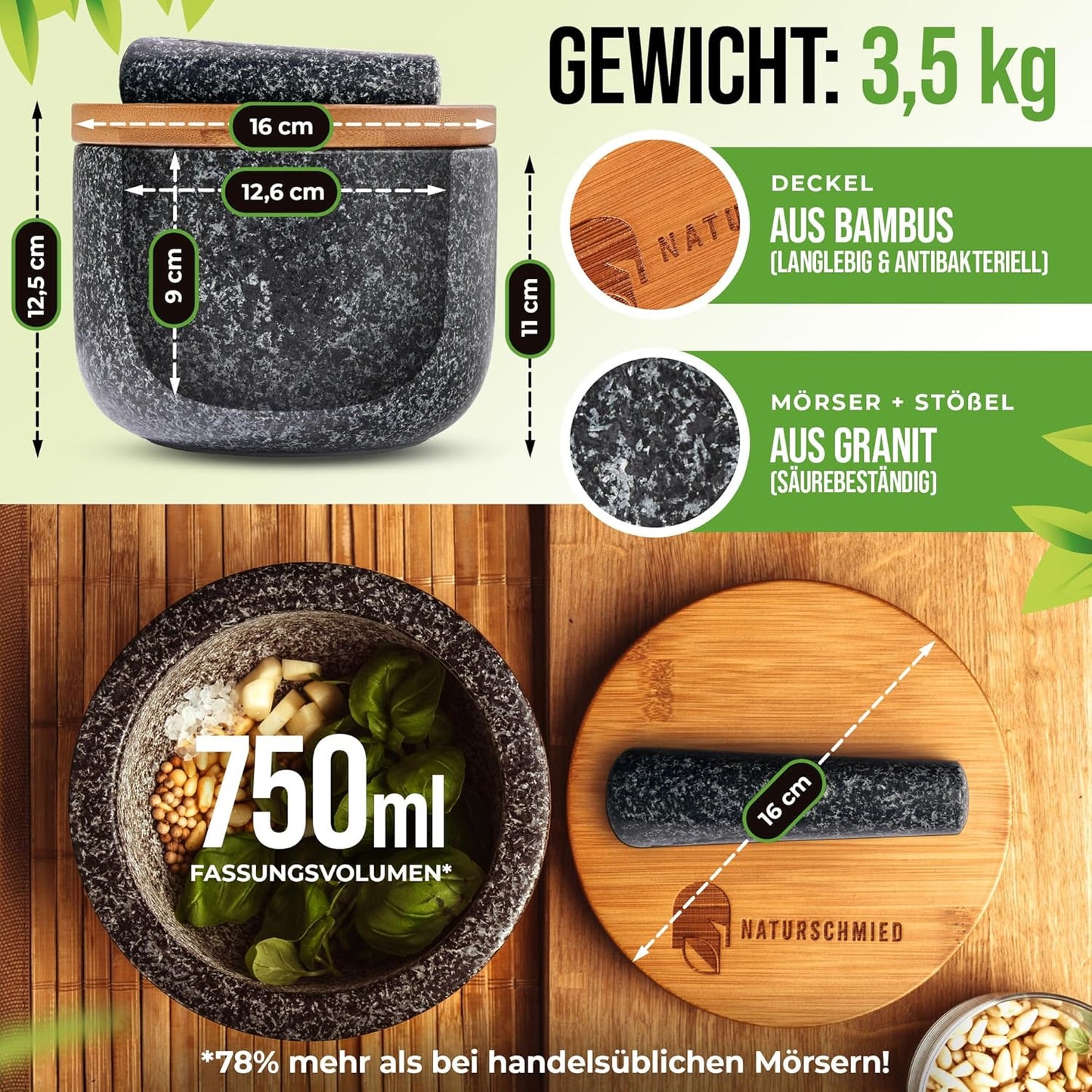 Mörser mit Stössel und Deckel, Anthrazit