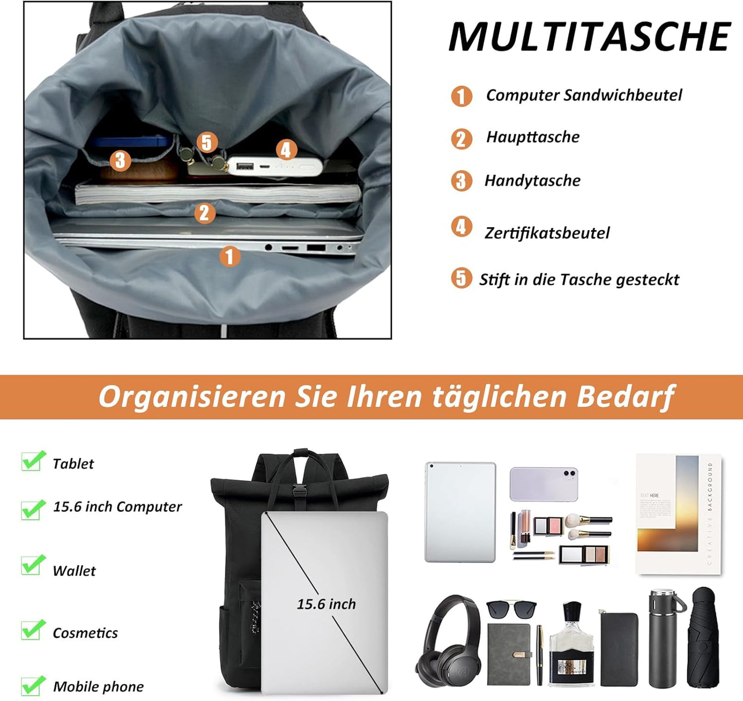 Wasserdichter Laptop-Rucksack, Schwarz 01
