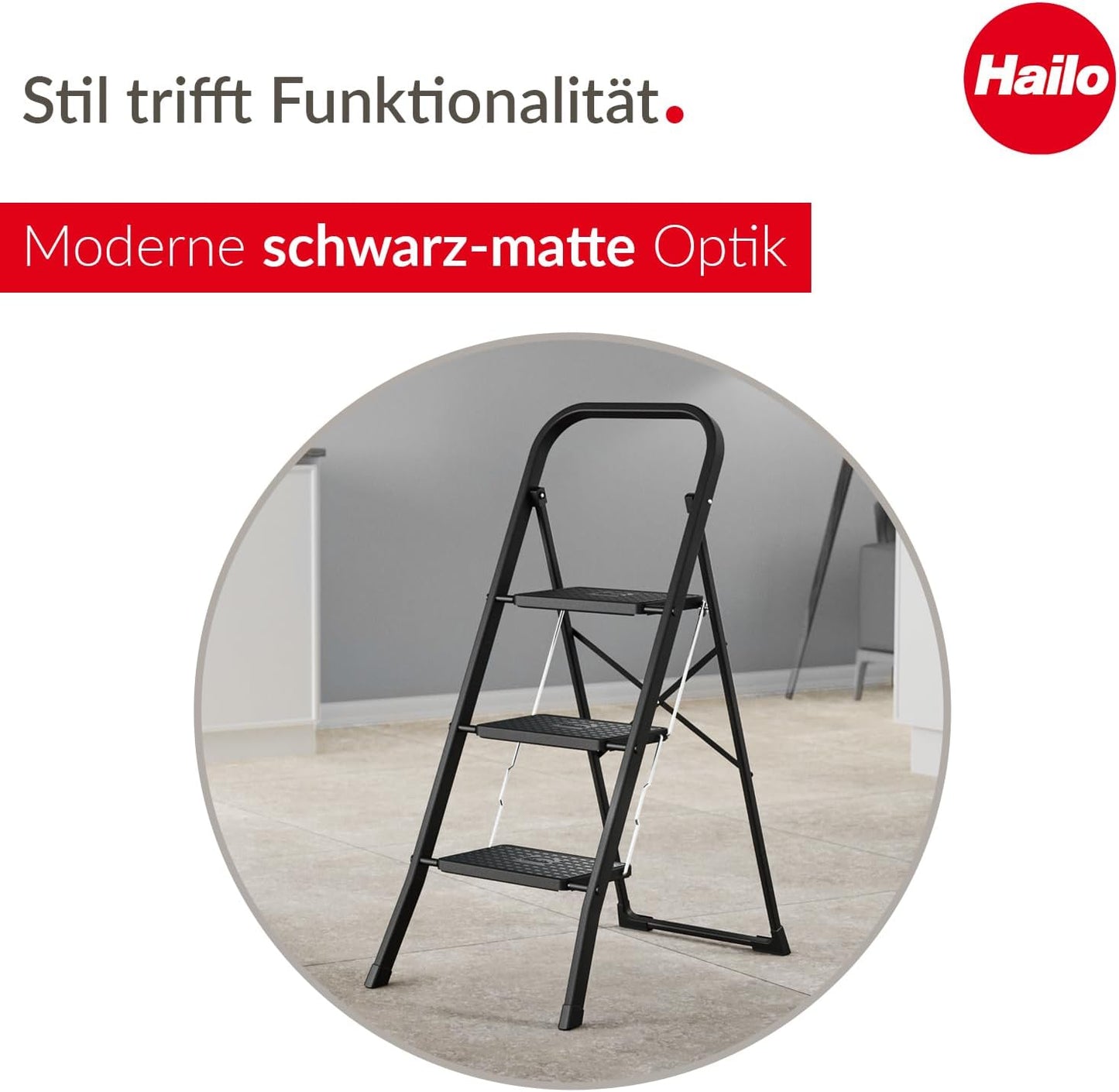3-stufige Trittleiter K44 mit Anti-Rutsch-Matten, Schwarz 3 Stufen