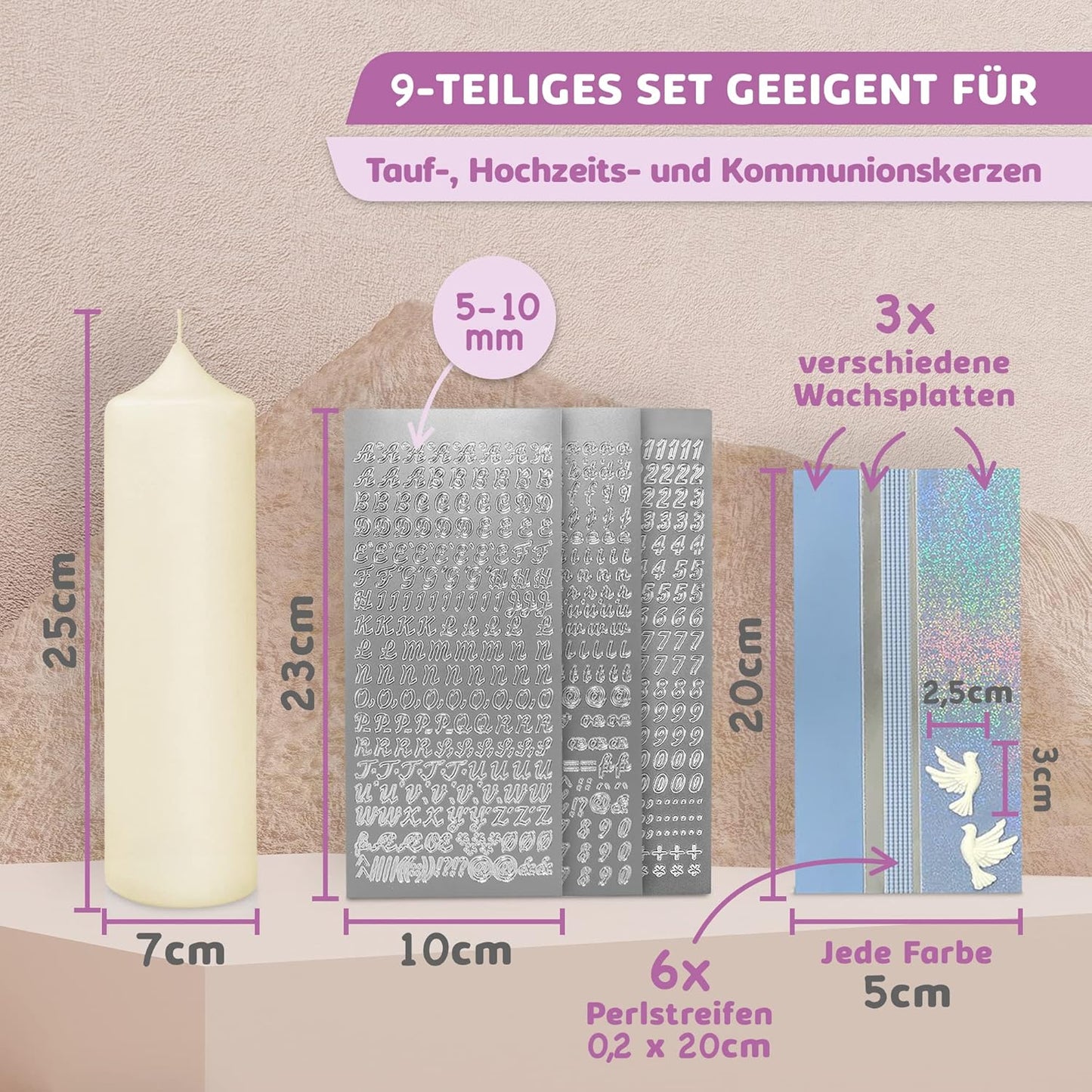 Taufkerze Bastelset mit Buchstaben und Wachsmotiven, Blau mit Taube Kerze 25x7 cm | Creme