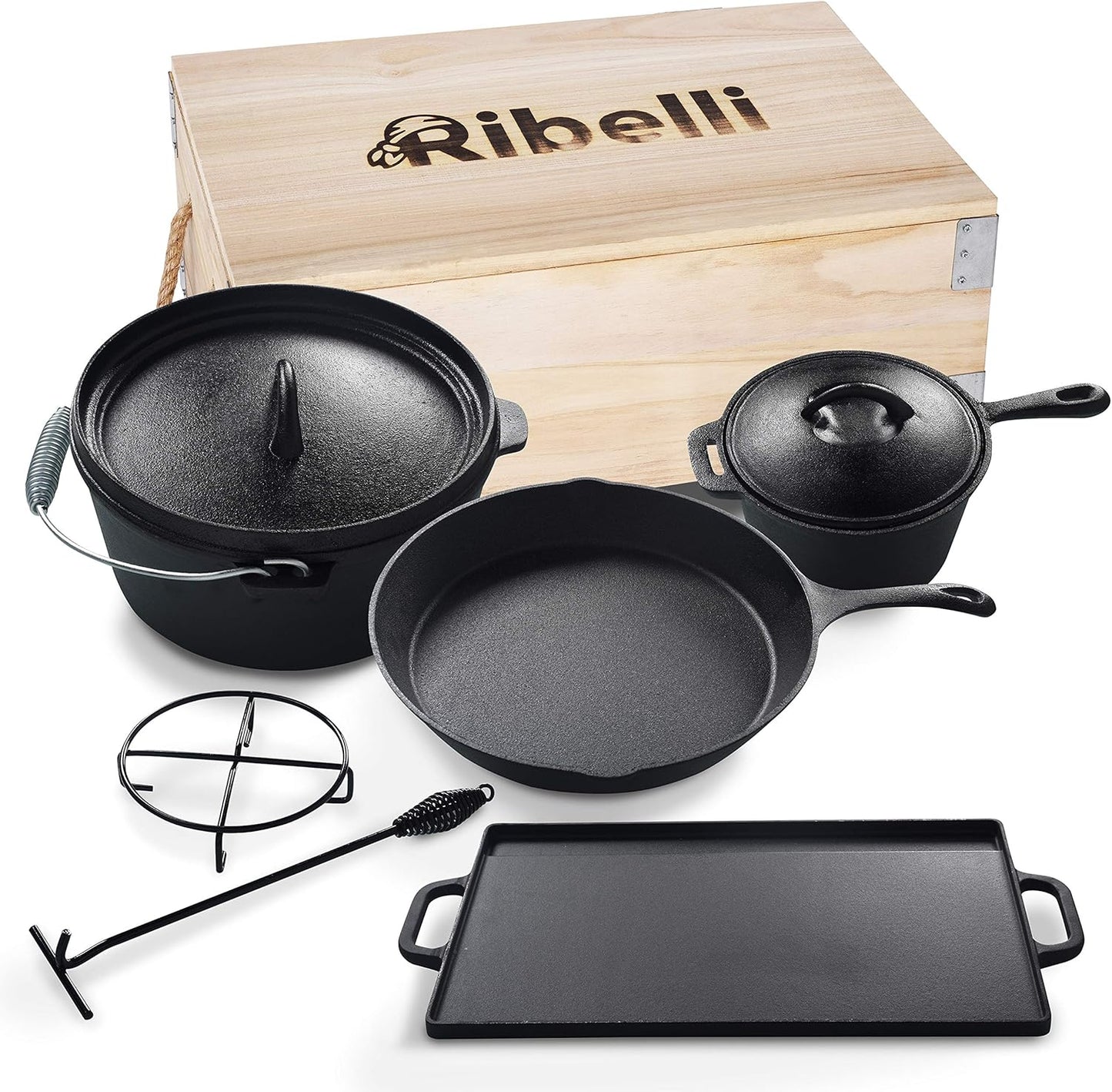 7-teiliges BBQ Dutch Oven Set, Schwarz 7-teiliges Set